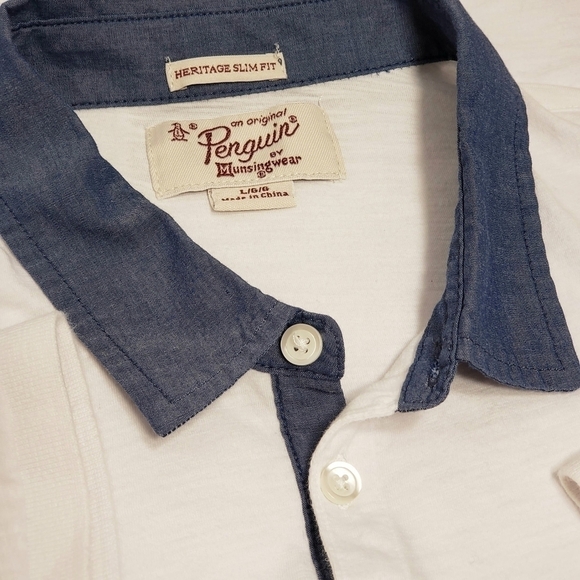 Original Penguin Heritage Slim Fit Shirt White Dark Chambray Collar Large - Picture 4 of 6